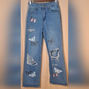 SHEIN Ripped Blue Jeans with Butterfly Details